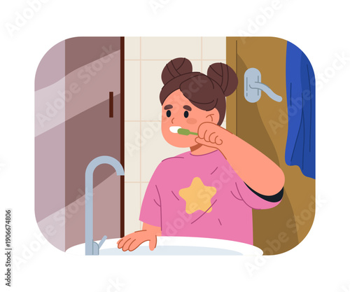 Routine of child girl, kid brushing teeth and caring for health and hygiene. Vector in flat style, regime and daily habits of female character. Staying clean and healthy, morning or evening chore