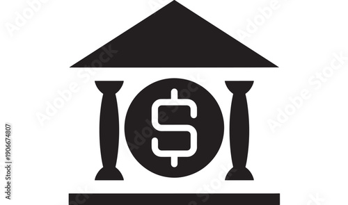 Bank icon with dollar sign, black silhouette on white background, simple design, financial institution symbol featuring finance, money, currency with graphic and logo elements for business, economy