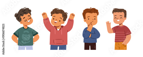 Boy kids conveying positive feelings with gesture, poses and mimic. Vector male cartoon characters expressing emotion. Proud and exciting, confused or happy. Gladness, pleasant and happiness