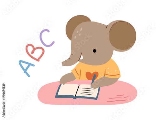 Cute elephant wearing shirt sitting at desk and taking notes in notebook. Vector isolated savannah animal studying at school. English lesson for wild creatures. Primary or secondary education