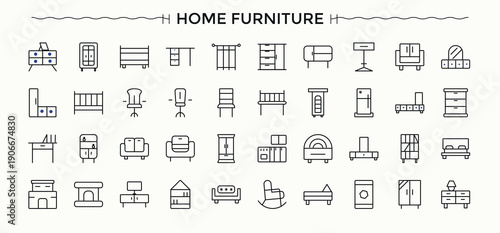 Home Furnishing modern icon set. Decoration vector line icon set. Related to house, decor, furniture, chair, kitchen, office, cabinet and more. Editable stroke. Vector collection.