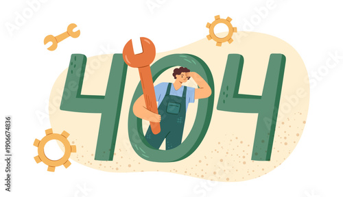 User experience and interface error message with 404 code. Vector in flat style, page not found. Information about broken link. Warning about problem. Fixing bug or correcting info on website