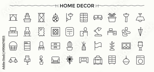 Home Decor icon collection. Decoration icon set. Minimal thin line web icons set. Pack of bed, decor, kitchen, home, indoor, sofa, apartment and more. Pixel perfect. Editable stroke.