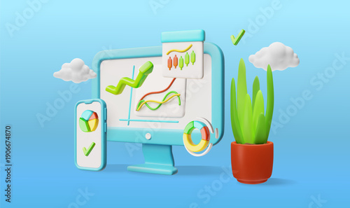 Workspace on computer screen 3D vector, analysis diagram, candlestick chart and linear graphs, business management