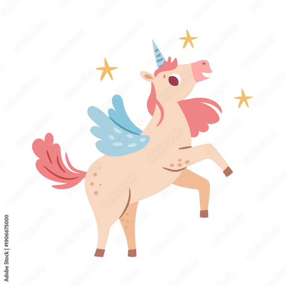 Fototapeta premium Mythical beast with horn and wings, unicorn character. Vector isolated fairy tale personage with antler on head. Magic world and fantasy creature and figure. Flying horse or pony mystical animal