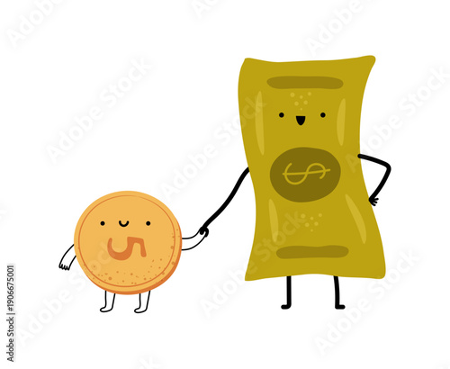 Coin and banknotes holding hands. Vector in flat style, isolated mascot or emoticons with funny faces. Characters encouraging to collect money, financial assets and aids, wealth and economy