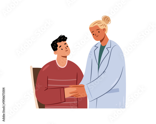 Nurse or trainee doctor informing patient of diagnosis. Vector smiling therapist talking to outpatient and providing moral support. Appointment and consultation in hospital or clinic
