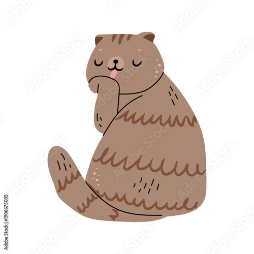 Cat character cleaning fur licking paw. Vector in flat style, isolated cute kitten personage with furry coat, sitting gracefully and confidently. Feline animal with calm and relaxed muzzle expression
