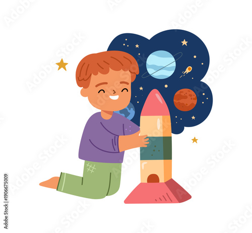 Cute smart kid building rocket. Vector in flat style, isolated child personage happy to launch Rocketship. Schoolboy imagining cosmos exploration, outer space, planets and comets discovery