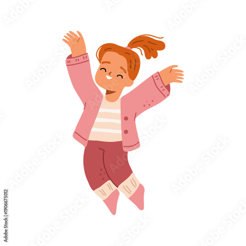 Toddler or schoolgirl jumping and smiling. Vector in flat style, isolated positive personage with closed eyes, raised hands and happy face expressing emotions. Excitement and joy, happiness and energy