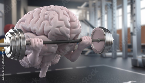Conceptual 3D illustration of a human brain lifting a heavy barbell in a gym