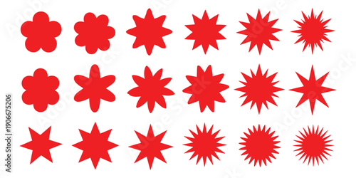 Vector set of red geometric star and flower shapes, collection of starburst and floral icons for sale badges and stickers.