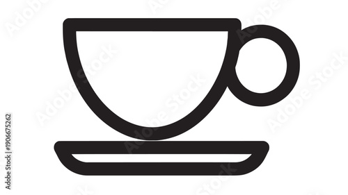 Cup coffee icon with simple black outline design and saucer, minimalist style, vector illustration featuring graphic, symbol, sign with beverage and drink elements for teacup, mug projects, clean