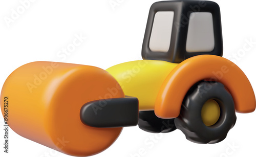 Compactor vibratory road roller and asphalt paver, 3D vector industrial heavy machinery for road construction and repair