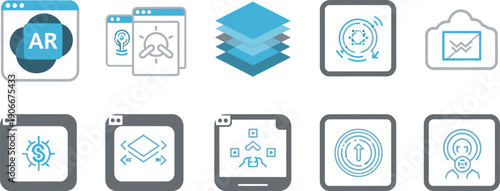 Collection of icons representing technology and digital media, showcasing various applications and features, displayed on a clean interface.