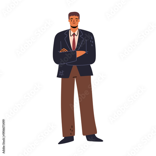 Manager or boss of company. Vector in flat style, isolated business character. Businessman wearing formal clothes listening attentively. Smiling personage, CFO or CEO of organization, teamleader