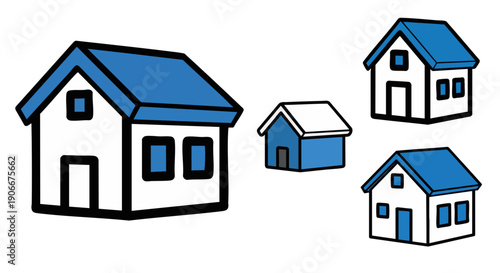 Collection of simple white and blue stylized houses representing real estate concepts, property investment growth, and diverse neighborhood housing options available for purchase.