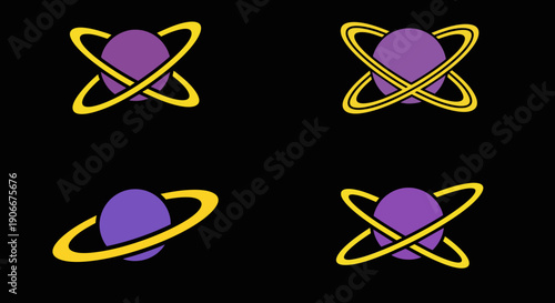 Collection of four stylized purple planet icons featuring prominent intersecting yellow rings demonstrating orbital mechanics and celestial body representations in various alignments.