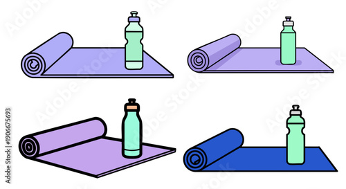 Collection of four stylized icons representing yoga mats and water bottles for fitness hydration and exercise routines in various subtle color combinations