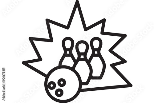 Bowling pins set with ball striking illustration in black line art style featuring strike, icon, graphic with sports and activity elements for recreation, fun projects, clean composition on simple