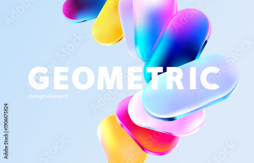 3D glass circle and ovals. Abstract background of iridescent geometric shapes.