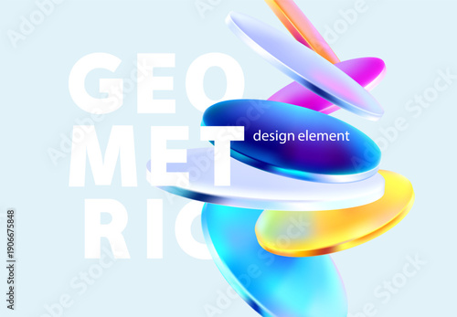 Transparent and glass geometric shape. Abstract composition of 3D circle and ovals in liquid glass style. Vector design elements.