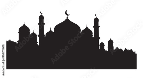 Islamic mosque silhouette with crescent moon on white background