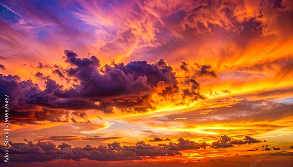 Fototapeta premium Vibrant sunset with dramatic cloud formations and warm hues in a breathtaking sky view
