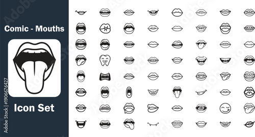 Cartoon Mouths Expressions Line Icon Set