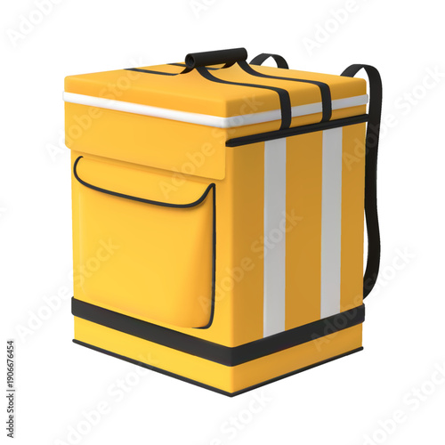 3D food delivery backpack, square, yellow with white stripes, pocket, and straps, side view.