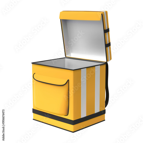 3D food delivery backpack, open lid, yellow with white stripes, cooler bag.