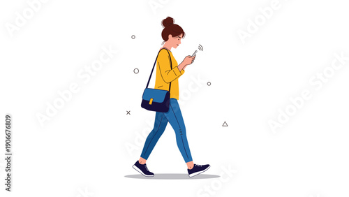 Young woman with backpack walks down the street while focused on her smartphone screen for navigation and communication.