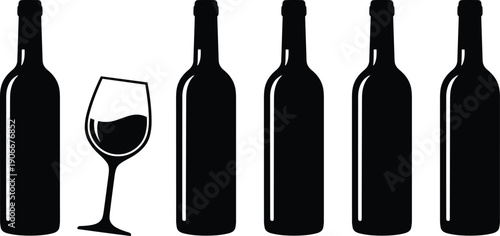 Black silhouette of five wine bottles and one filled glass on white background for wine tasting events and winery branding