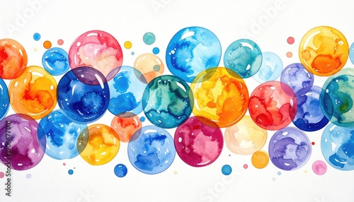 Vibrant watercolor illustration of colorful translucent spheres and bubbles floating against a white background.