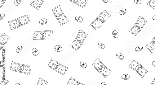 Dynamic hand-drawn seamless pattern showcasing a random array of falling currency bills and scattered coins, ideal as a versatile financial background or a vibrant decorative element