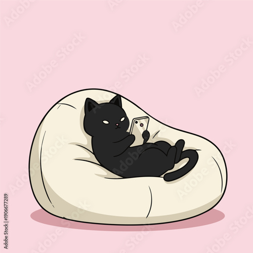 A black cat scrolling on a smartphone while lying on a bean bag funky