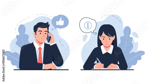 Business people engaged in customer service and professional communication with a man on a call and a woman taking notes.