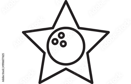 Star bowling icon with ball and finger holes, bold black outline pictogram isolated on white background, minimal line art symbol for sports app, web UI, and signage