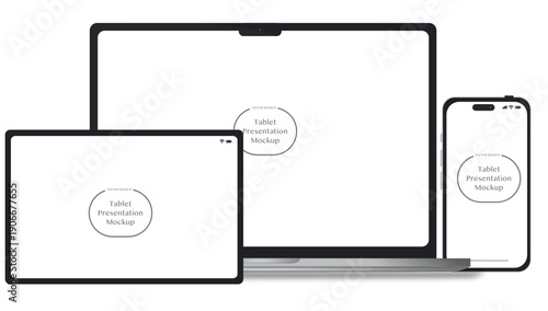 Modern laptop and smartphone mockup, front view, isolated on white background