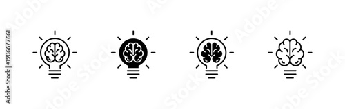 Brain in light bulb icon set.  Vector illustration.