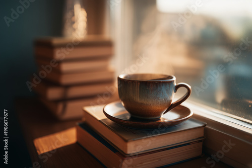 Steaming coffee cup on a stack of books by a window in soft morning light. Cozy, moody still life. Concept of slow living, reading, learning. Ideal for education, lifestyle, publishing, blogs