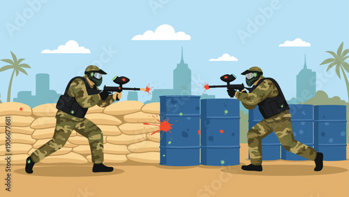 Two paintball players in full camouflage gear and masks engaging in a tactical game using bunkers for cover in a field.