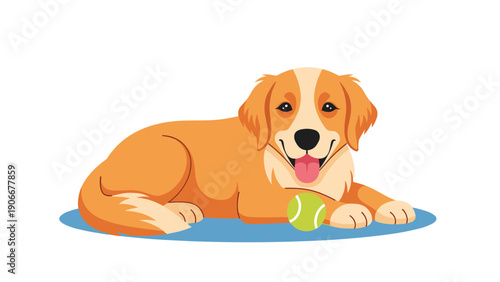 Happy golden retriever dog lying on a blue mat with a tennis ball in front of its paws and a friendly expression.