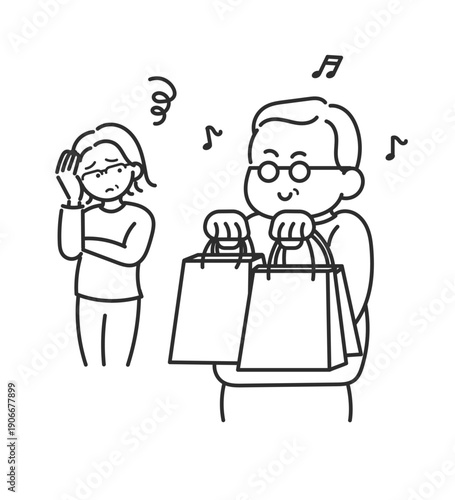 浪費家の夫と倹約家の妻のイラスト　線画のみ