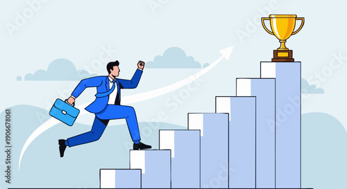 Vector businessman running up stairs to golden trophy, career growth, success, achievement, business goal concept illustration