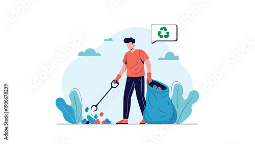 Environmental volunteer picking up trash and litter from a park using a grabber tool and placing it in a recycling bag.