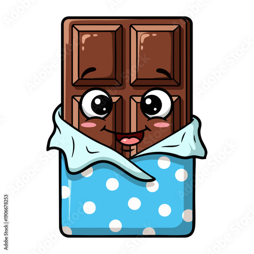 Cute Cartoon Chocolate Bar with Happy Face in Blue Wrapper.