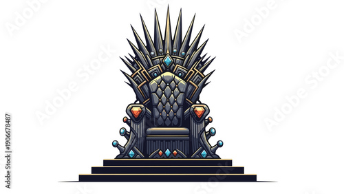 Intricate fantasy throne made of dark metal and adorned with glowing gems sitting on a platform against a white background.