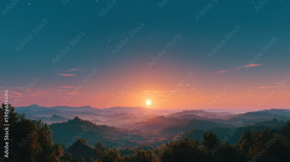 Fototapeta premium Serene Sunrise Over Rolling Hills and Peaceful Nature Landscape