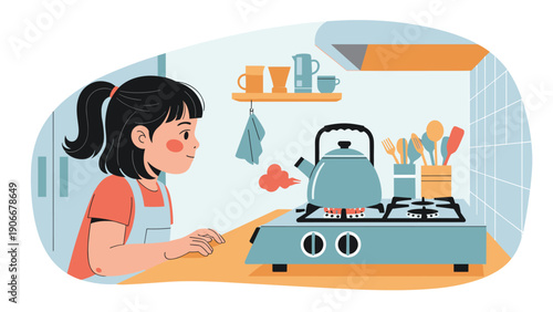 Young girl in an apron watching a blue tea kettle on a gas stove as steam starts to whistle from the spout.